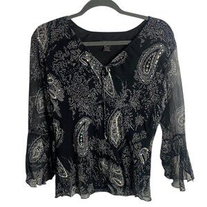 Vintage Anne Carson Size M Silk Black Paisley Sequin Flare Sleeve Fairy Sheer